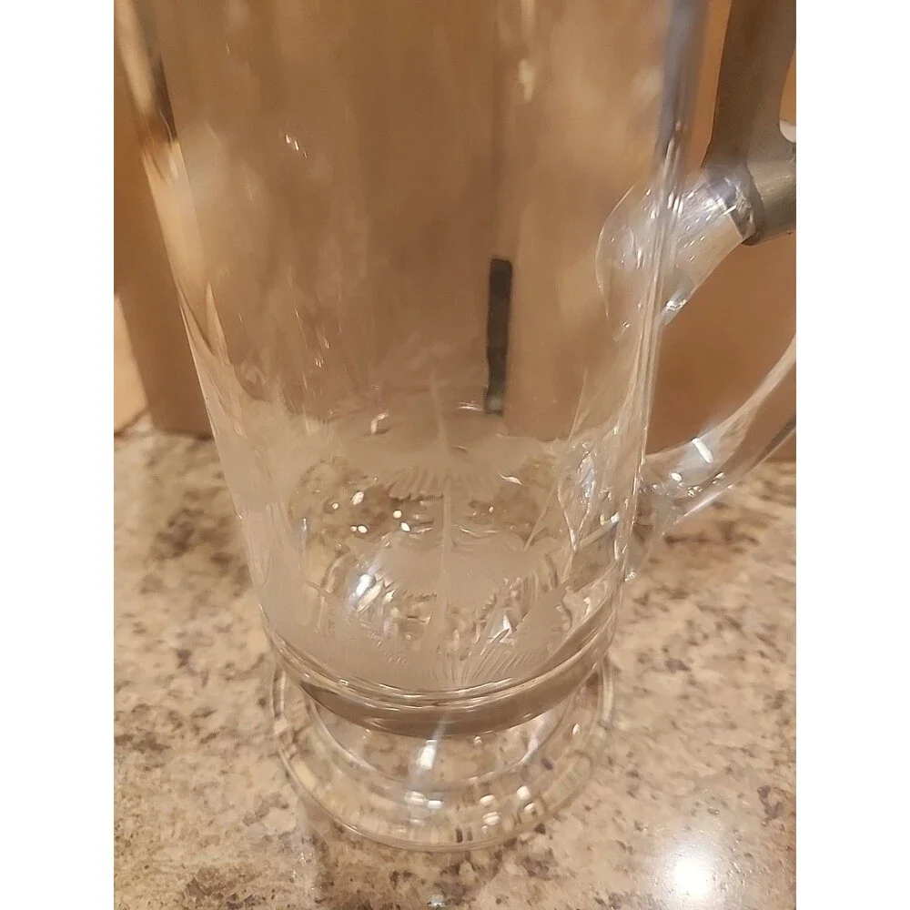 Vintage Crystal Glass Beer Stein‎ Pine Trees Etching Pewter Lid No Name